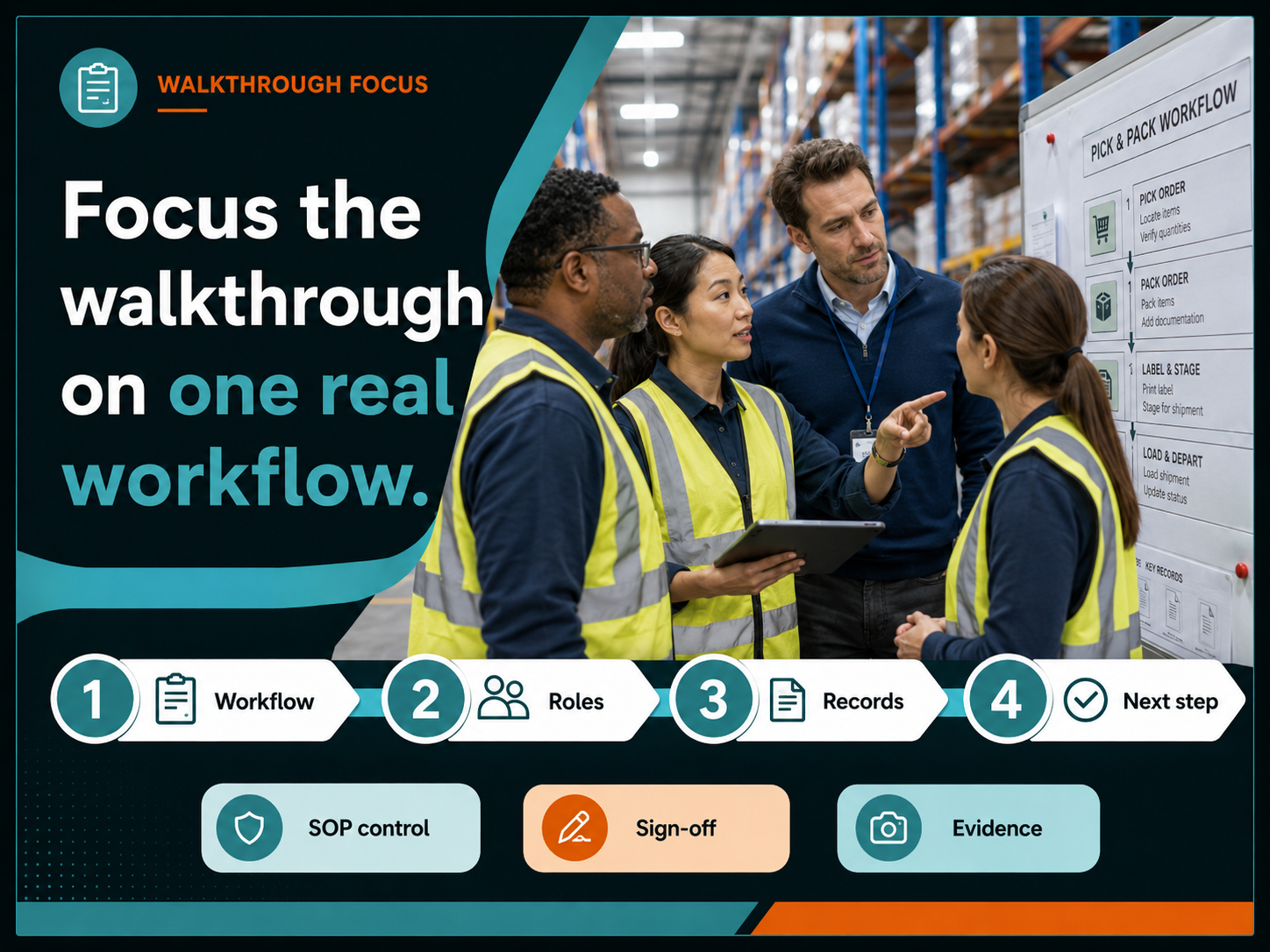 Workflow walkthrough panel showing one SOP brought to the demo, roles mapped, evidence selected and a practical workflow previewed.